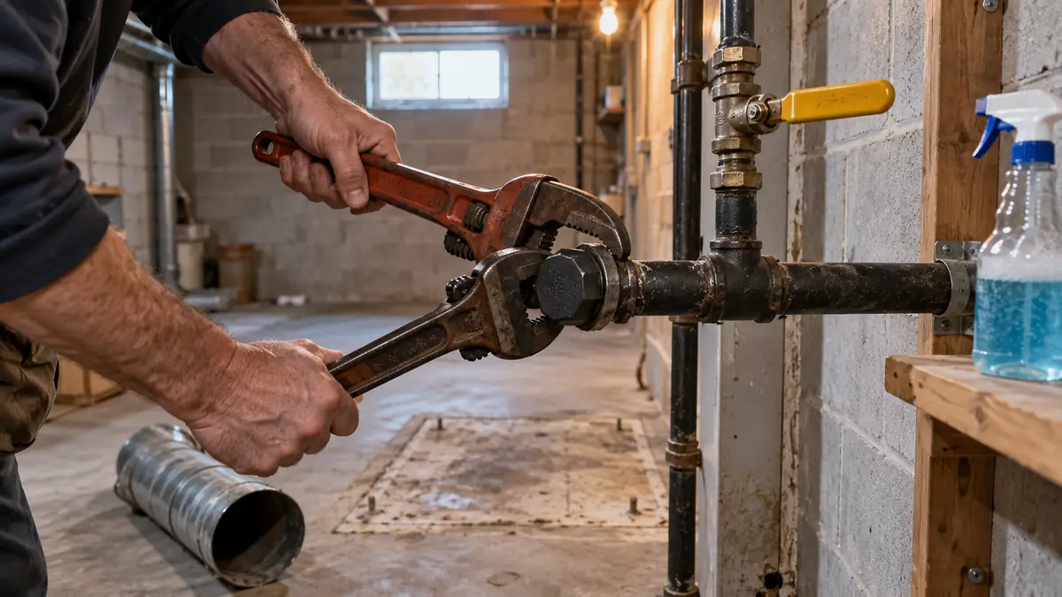 Plumber capping the gas line after a furnace was removed during a furnace to heat pump conversion