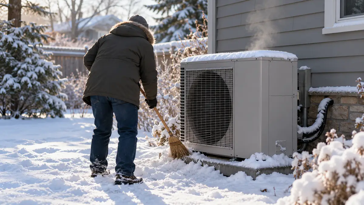 Person in a winter coat gently sweeping fresh snow from around a heat pump outdoor unit while a thin wisp of steam rises