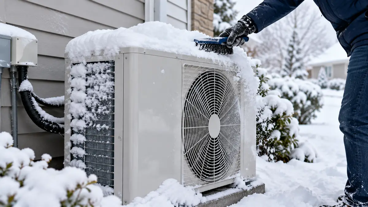 Homeowner brushing snow off the top of a heat pump outdoor unit with snow packed against the coil