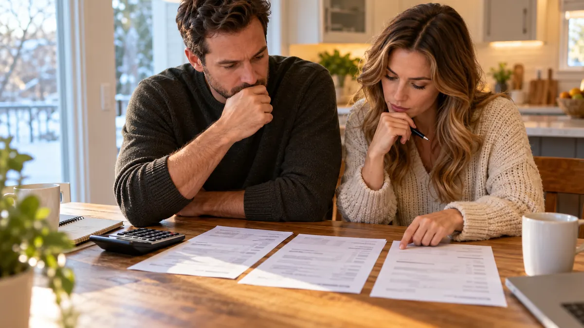 Homeowners comparing three heat pump installation quotes at a kitchen table with a calculator