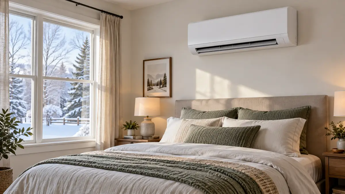 Wall-mounted ductless heat pump indoor unit high on a bedroom wall in winter, where its sensor reads the air near the ceiling