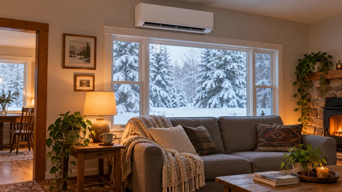 Ductless heat pump wall unit heating a cozy living room while snow covers the trees outside