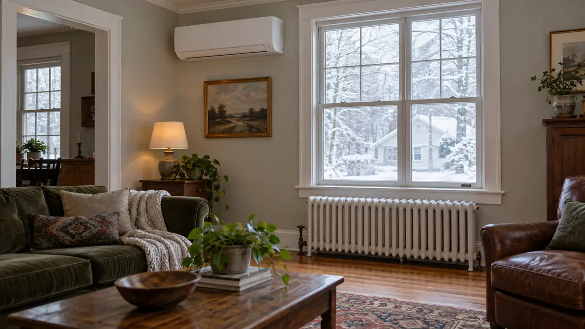 Living room with a white wall-mounted ductless indoor unit and a cast-iron hot-water radiator under a window in winter