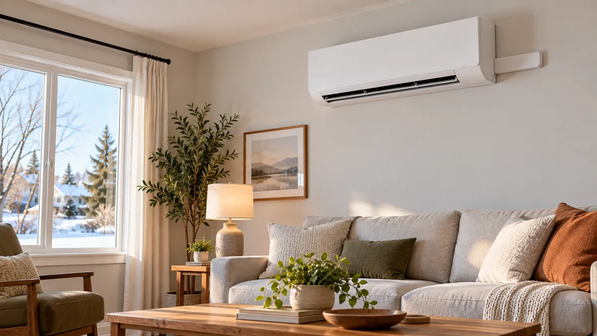 Ductless mini-split heat pump indoor unit mounted high on a living room wall