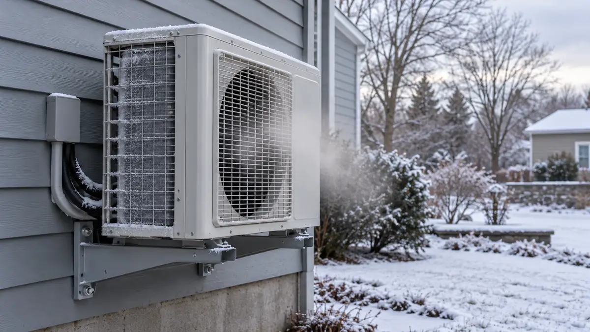 Ductless heat pump outdoor unit mounted on a house wall with light frost on the coil and a thin plume of steam in cold winter air