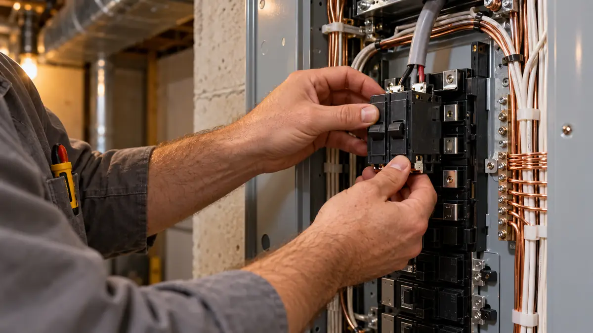 Electrician installing a 240-volt breaker for a furnace to heat pump conversion