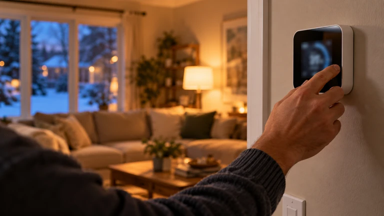 Homeowner adjusting a heat pump thermostat on a winter evening, choosing between emergency heat vs auxiliary heat