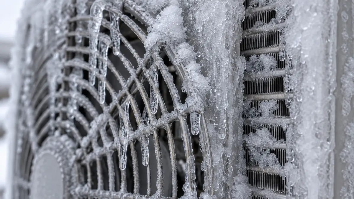 Close-up of the fan guard and coil of a frozen heat pump covered in thick ice with icicles hanging from the grille