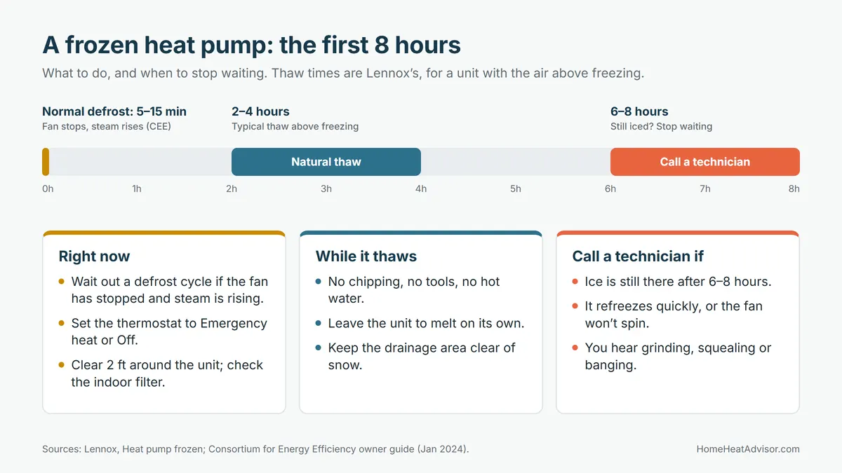 Timeline of the first eight hours of a frozen heat pump: a 5 to 15 minute normal defrost, a 2 to 4 hour natural thaw above freezing, and a call to a technician at 6 to 8 hours