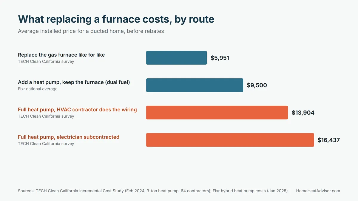 Chart of the cost to replace a furnace with a heat pump compared with a new furnace and a dual-fuel heat pump add-on