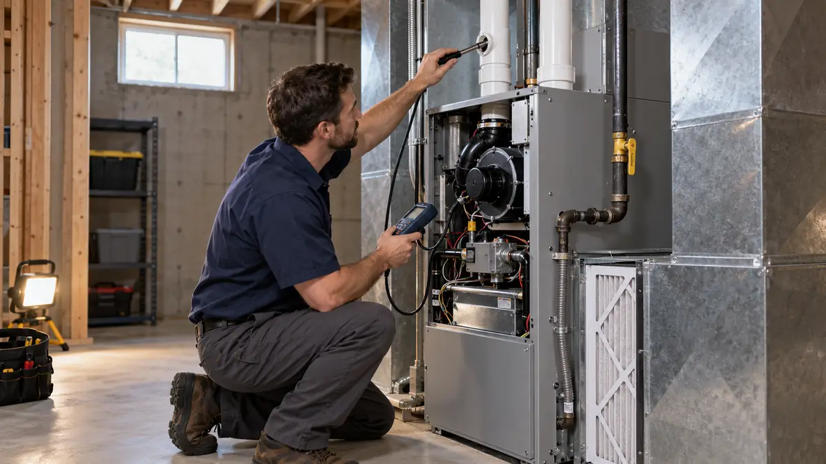HVAC technician checking a high-efficiency gas furnace with a combustion analyzer in a basement
