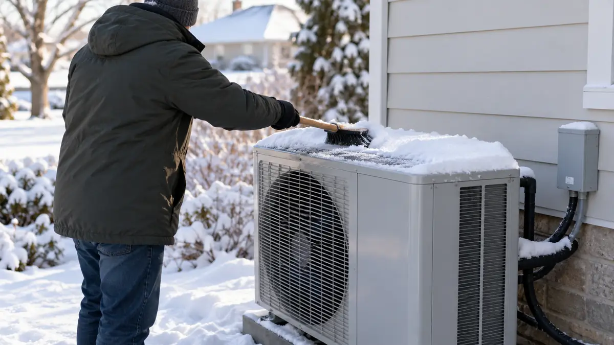 Person in a winter coat brushing snow off the top and base of an outdoor heat pump with a broom after a snowfall
