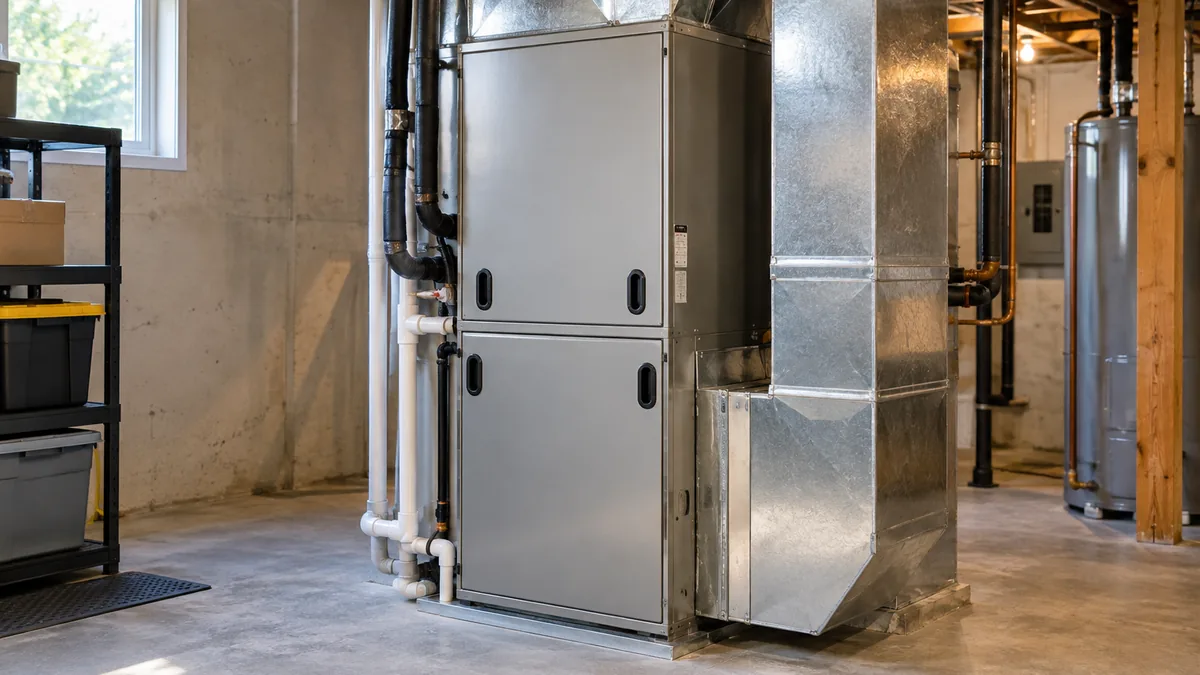 Indoor heat pump air handler with ductwork in a basement utility area