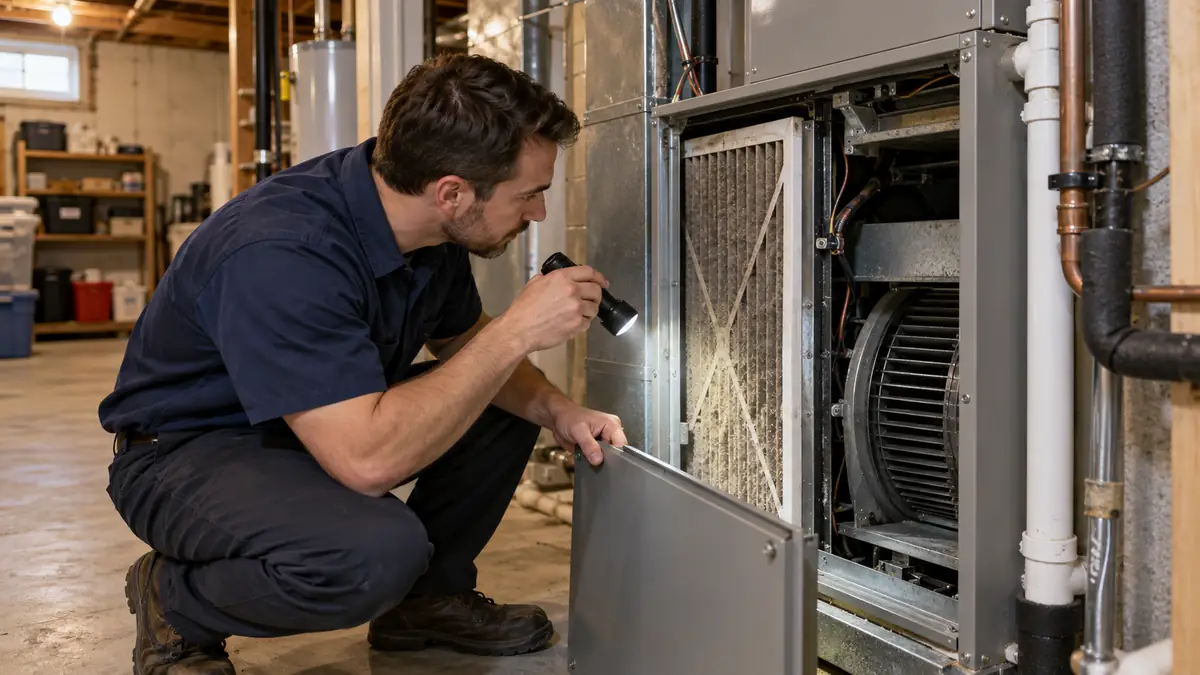 HVAC technician inspecting the filter and blower compartment of a heat pump indoor air handler in a basement