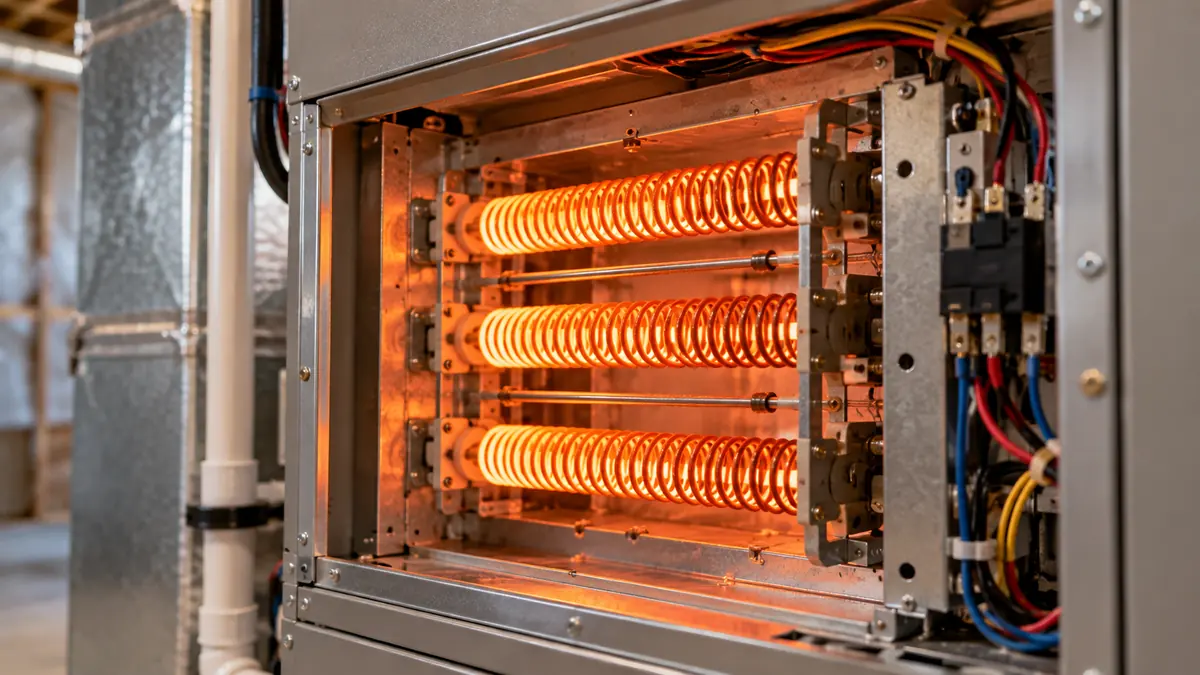 Electric backup heat strips glowing inside a heat pump air handler