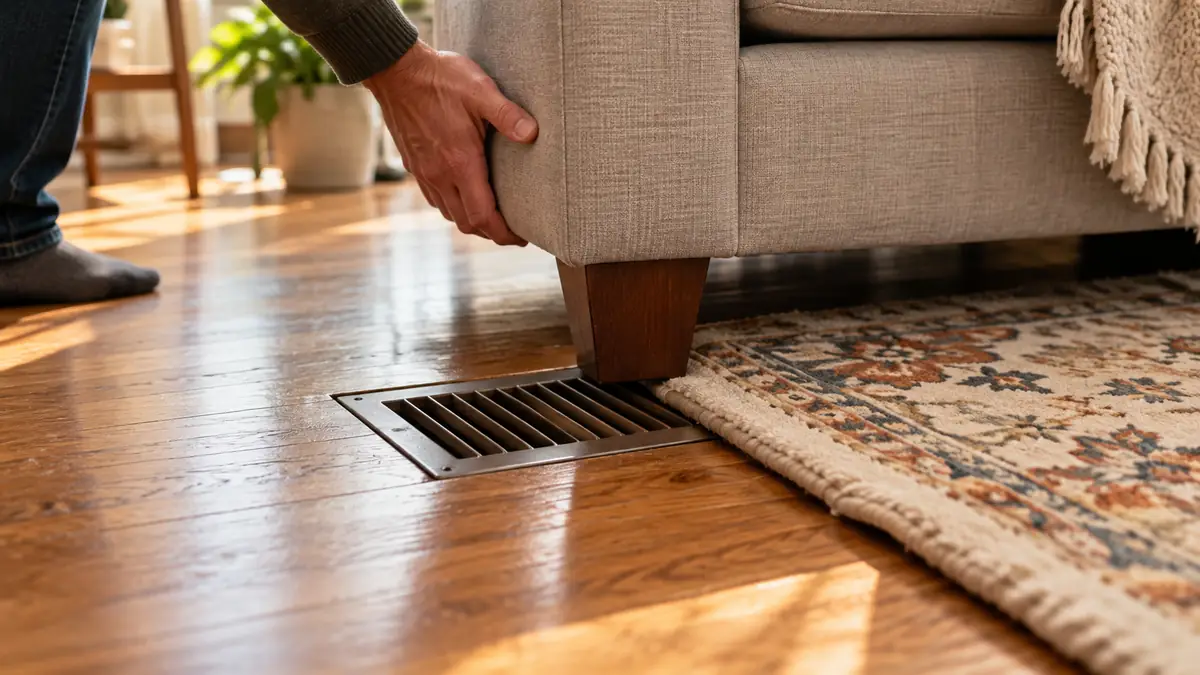 Hand moving a sofa away from a floor supply register that was half blocked, a simple fix for heat pump short cycling