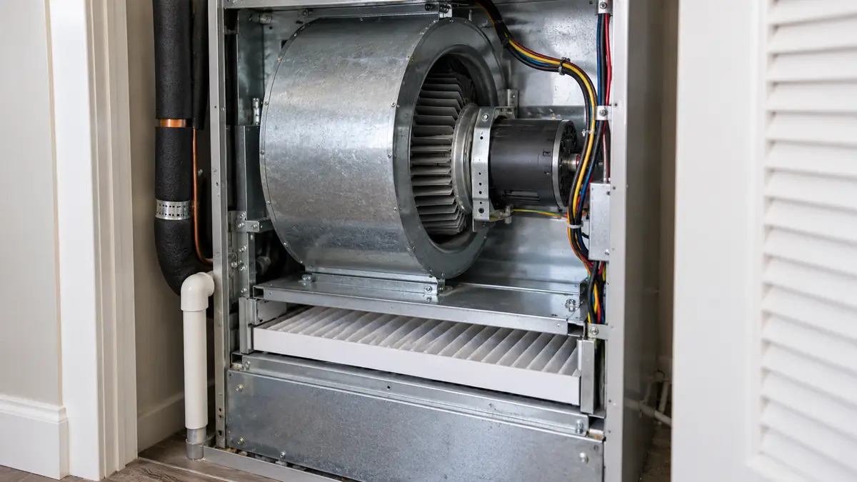 Blower wheel and motor inside a heat pump air handler with the access panel removed