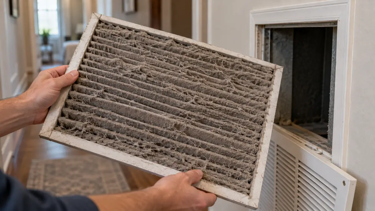 Homeowner holding a dusty clogged pleated air filter pulled from a hallway return grille