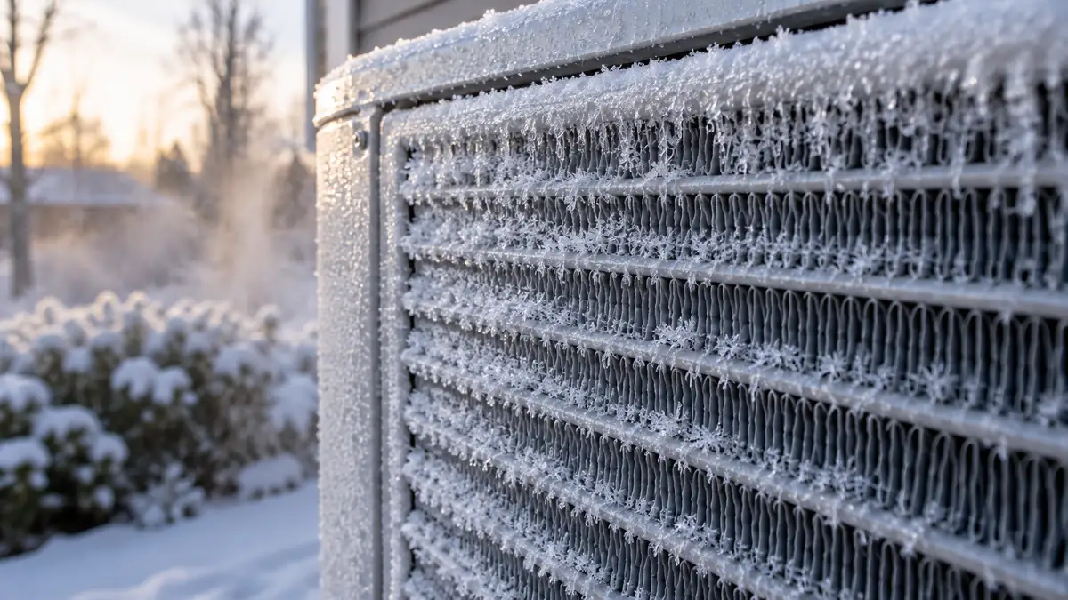 Close-up of white frost crystals on the coil fins of a heat pump outdoor unit on a cold morning
