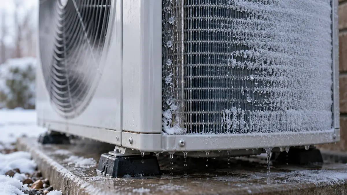 Close-up of a heat pump outdoor unit with frost and beads of meltwater on the coil and fan guard, a sign of a heat pump in defrost mode