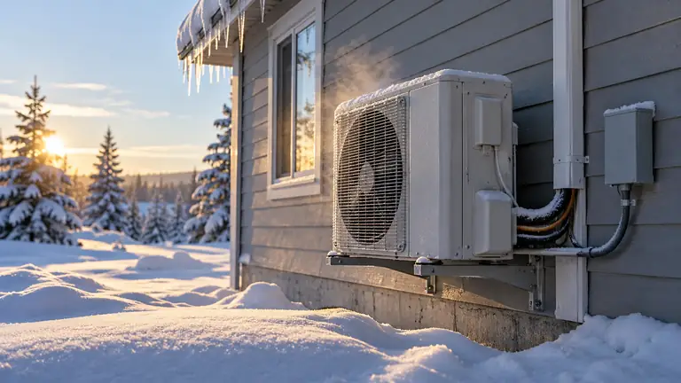 Cold climate heat pump outdoor unit mounted on wall brackets above deep snow, with steam rising during a defrost cycle