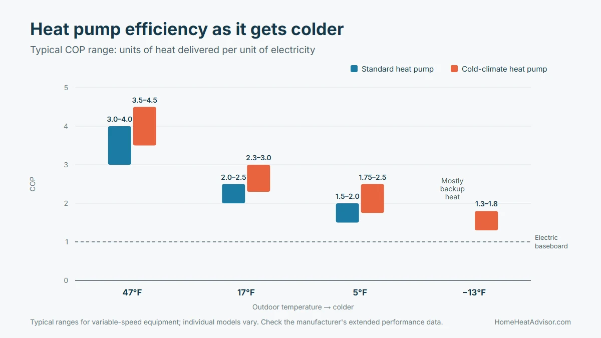 Chart of heat pump COP at 47°F, 17°F, 5°F and -13°F for standard and cold-climate heat pumps