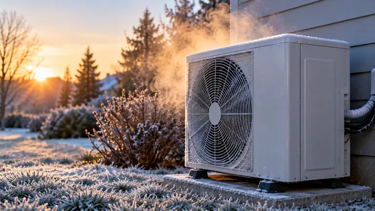 Frosted heat pump outdoor unit releasing steam during a defrost cycle on a cold winter morning