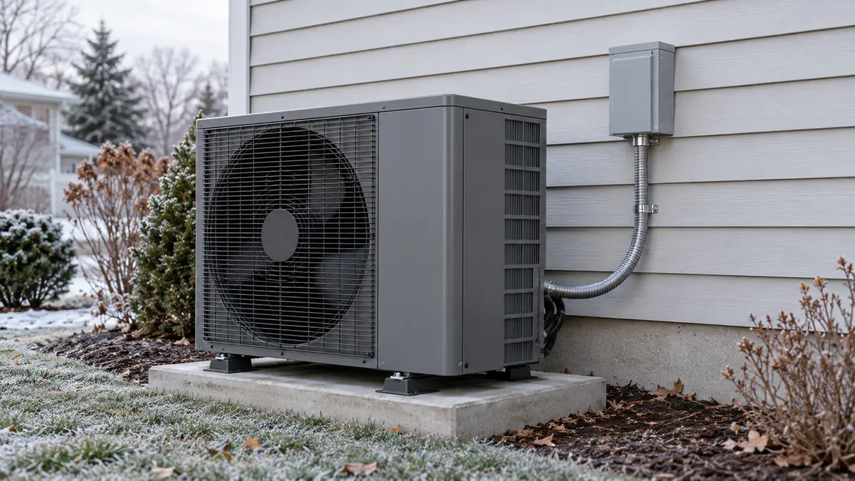 Outdoor heat pump unit on a concrete pad with a gray disconnect box and conduit on the house wall, frost on the grass