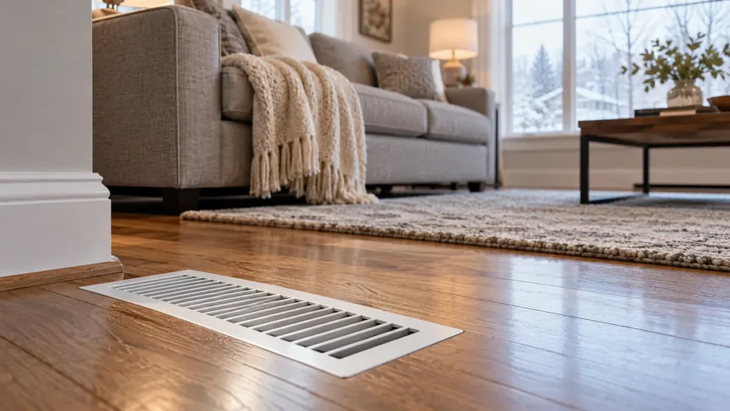 Floor supply register in a living room, the kind of vent where heat pump fan air comes out