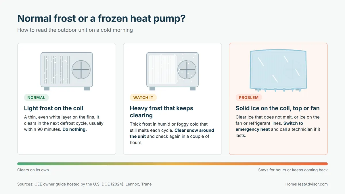 Diagram comparing light frost, heavy frost that clears and a heat pump frozen in solid ice