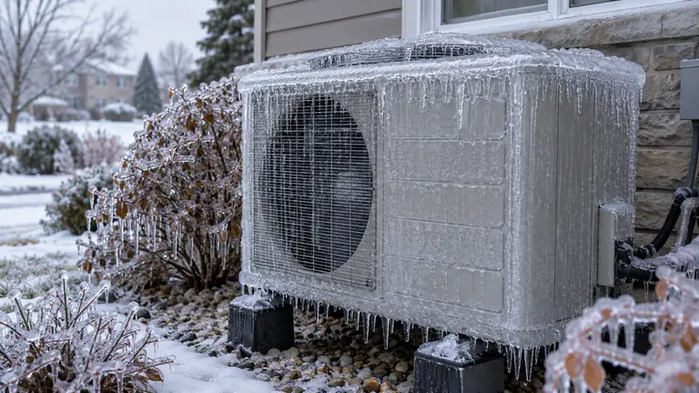 Heat pump frozen in clear ice after a freezing rain storm, with ice-coated shrubs beside the outdoor unit