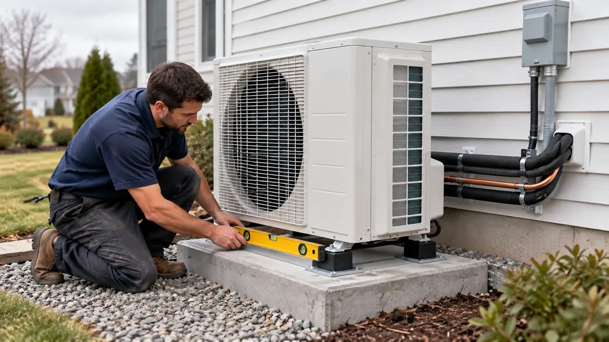 Heat pump installation: technician leveling a new outdoor heat pump unit on a concrete pad beside a home