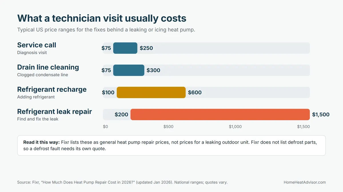 Bar chart of typical US prices for a service call, drain line cleaning, refrigerant recharge and refrigerant leak repair