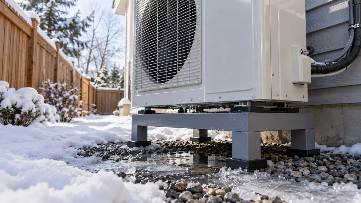 Outdoor heat pump in winter with meltwater dripping from the base onto a gravel bed and snow beside it