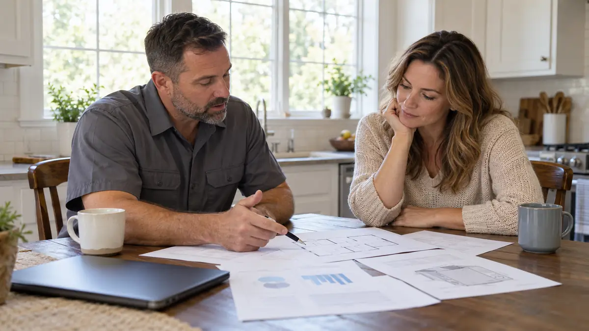 Contractor and homeowner at a kitchen table reviewing floor plans while working out what size heat pump for 1500 sq ft