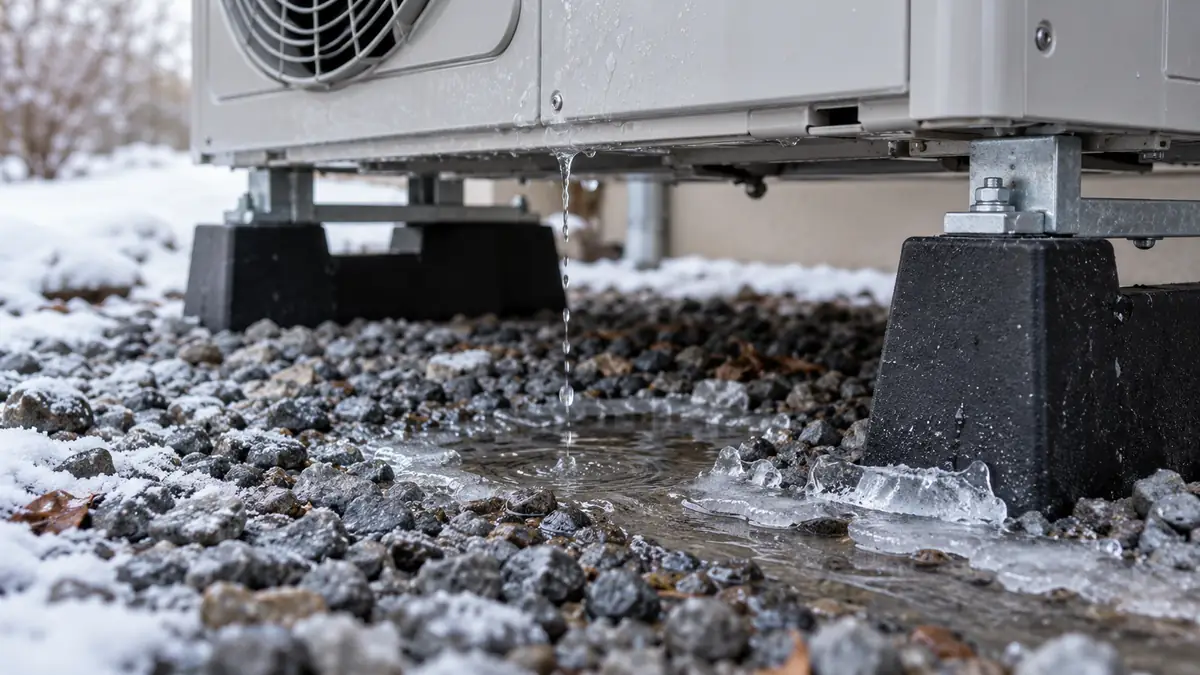 Close view of meltwater dripping from the base of a heat pump onto gravel, with a thin edge of ice at the edge of the puddle