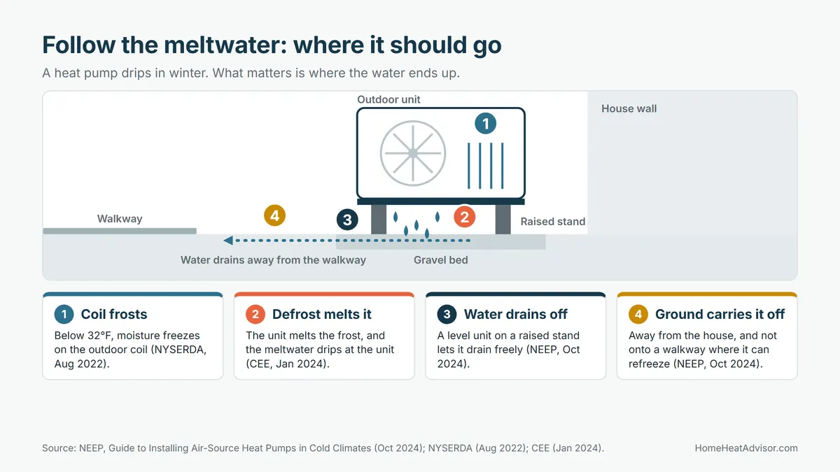 Diagram of a heat pump leaking water outside during defrost: meltwater drips from the unit, drains through a gravel bed and travels away from the walkway