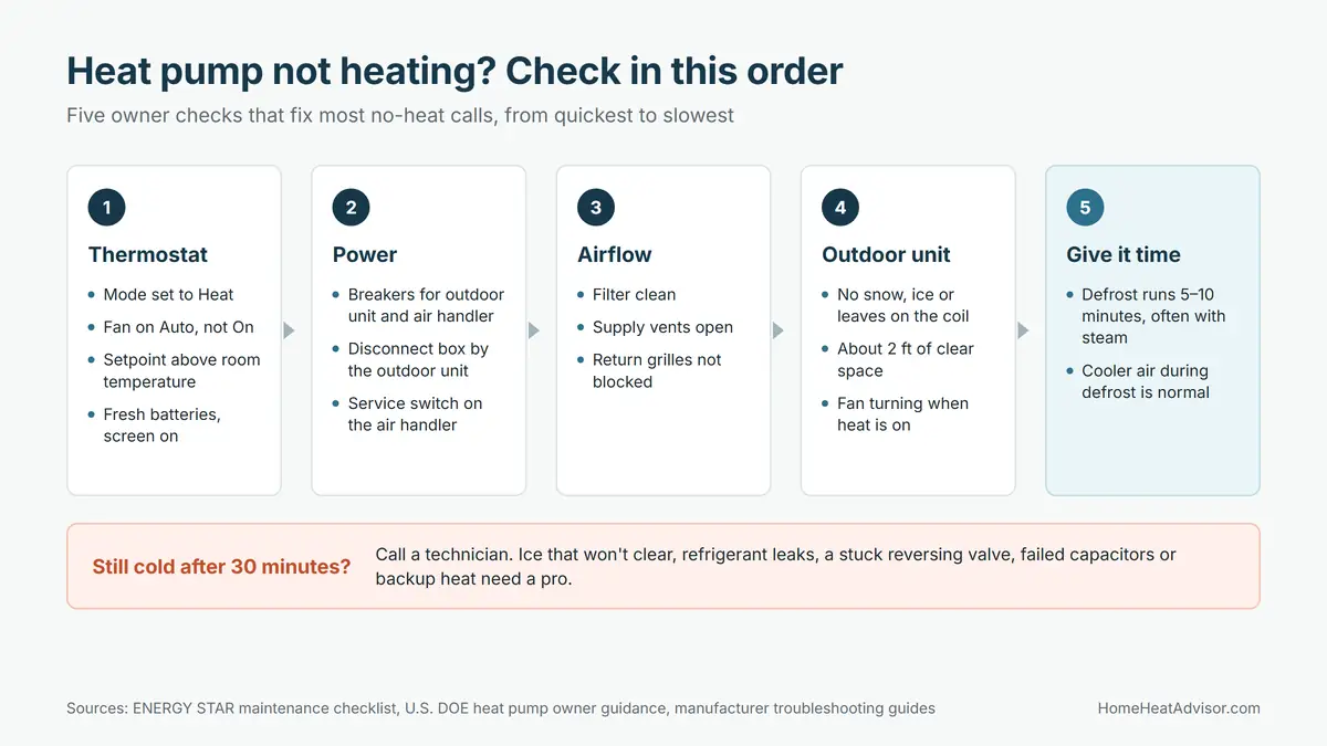 Heat pump not heating checklist: check the thermostat, power, airflow and outdoor unit, then wait out defrost