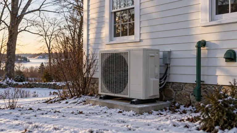Outdoor heat pump beside the clapboard wall of an older New England house in winter, with a green fuel-oil fill pipe a few feet away