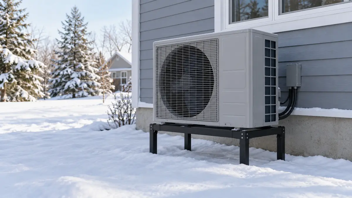 Outdoor heat pump raised on a black steel stand above the snow with clear space around it, a layout that keeps a heat pump in heavy snow off the ground