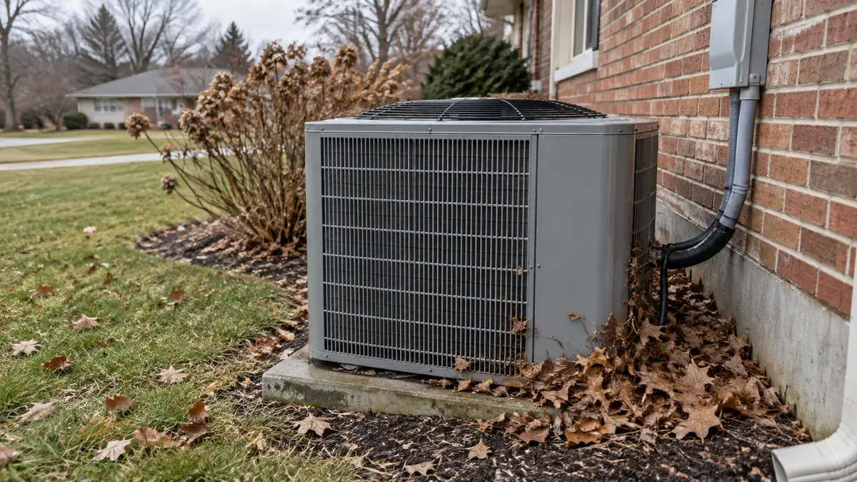 Outdoor heat pump unit with dry leaves piled against the coil, a common cause of heat pump short cycling in heat mode