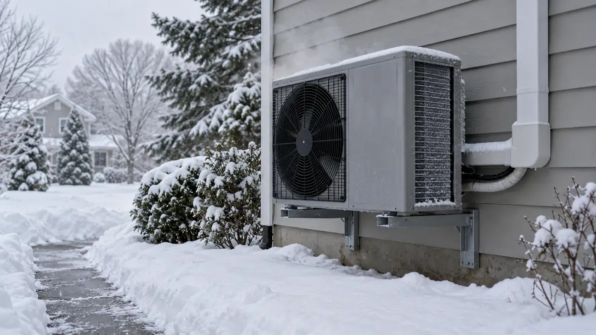 Heat pump outdoor unit on a raised wall bracket above deep snow beside a house in winter