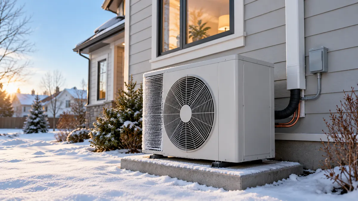 Air-source heat pump outdoor unit beside a house in winter snow
