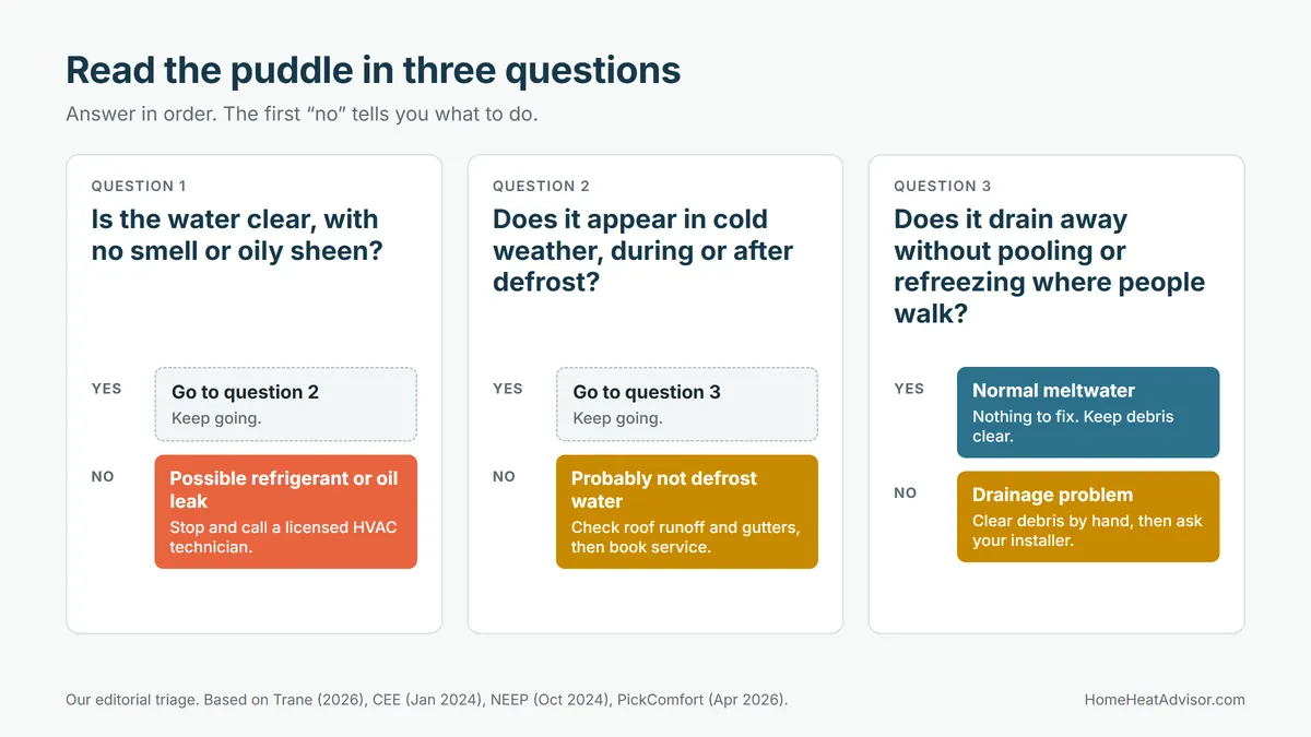 Three-question chart for telling normal heat pump leaking water outside from a drainage problem or a refrigerant or oil leak