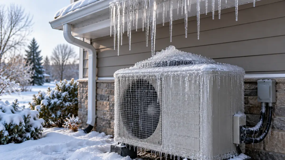 Heat pump outdoor unit under a roof eave with icicles hanging from the gutter and ice built up on its top grille
