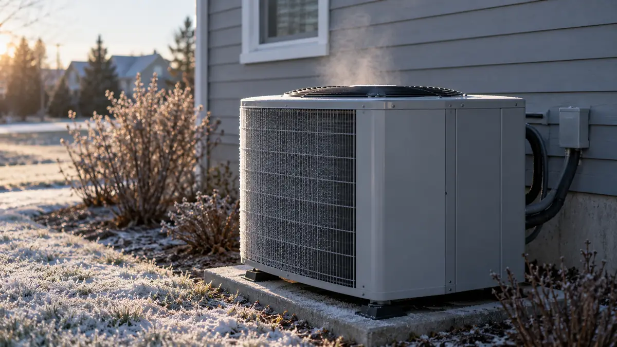 Heat pump outdoor unit running constantly on a frosty winter morning beside a gray-sided house, with vapor rising from the fan