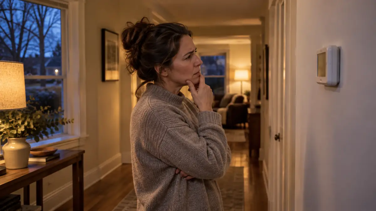 Homeowner in a hallway looking at a wall thermostat, puzzled by heat pump short cycling on a late-fall evening