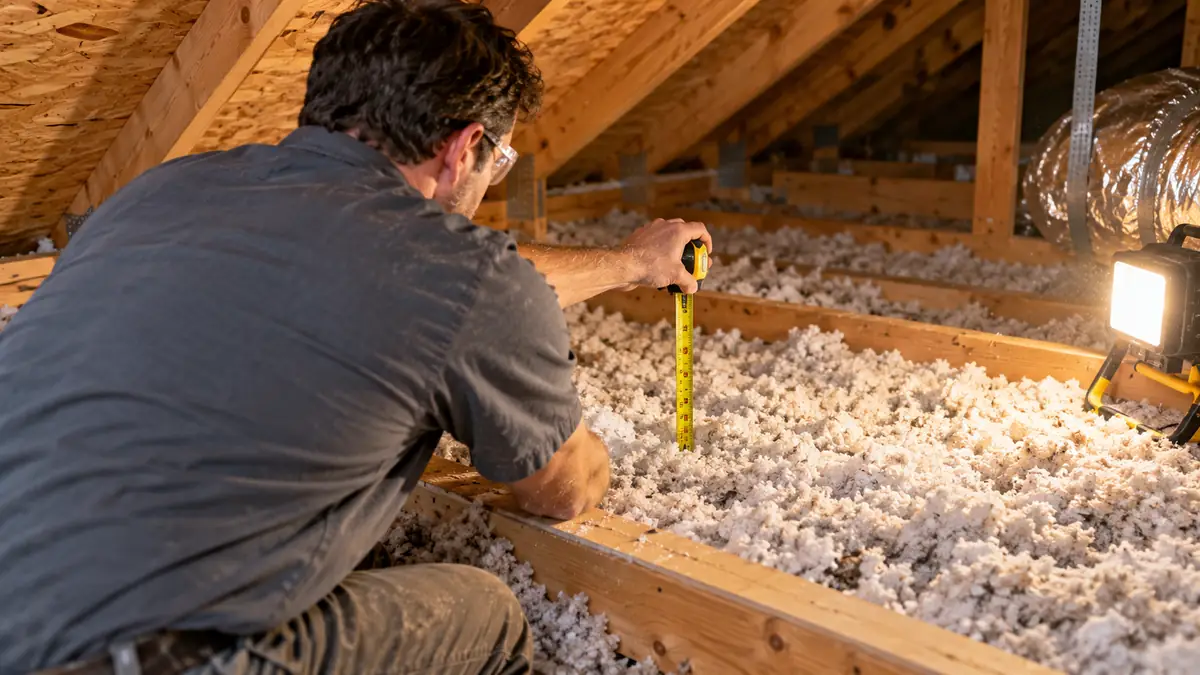 Contractor in an attic measuring loose-fill insulation depth with a tape measure, one input to a heat pump load calculation