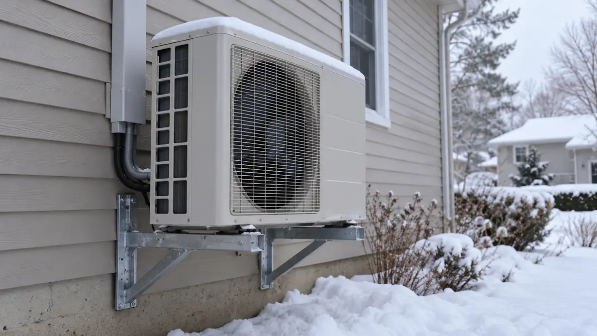 Outdoor heat pump on steel wall brackets with snow on top and snow banked along the wall, the setting for a heat pump in an ice storm or heavy snow