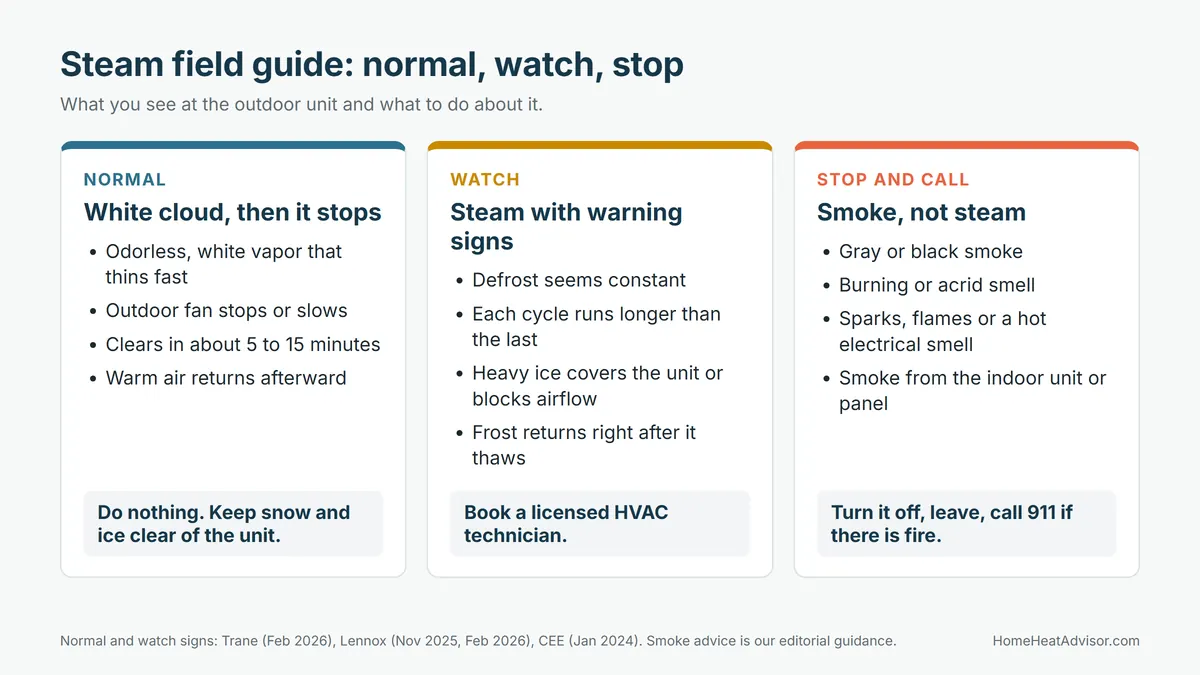 Field guide with three cards for heat pump steam: normal white cloud that stops, watch for constant defrost or heavy ice, and stop and call for smoke, burning smell or flames